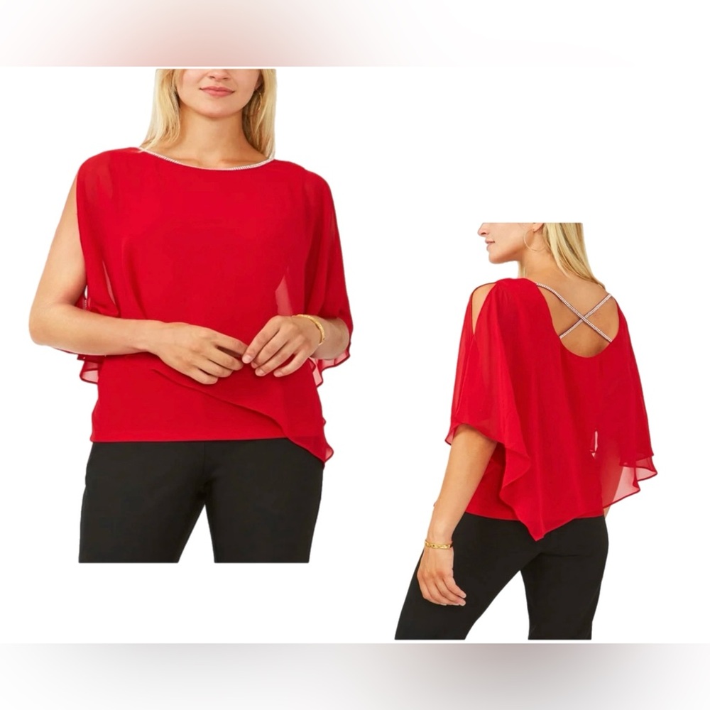 MSK Red Boxy Blouse, Relaxed Fit Backless Design With Rhinestones Size XL